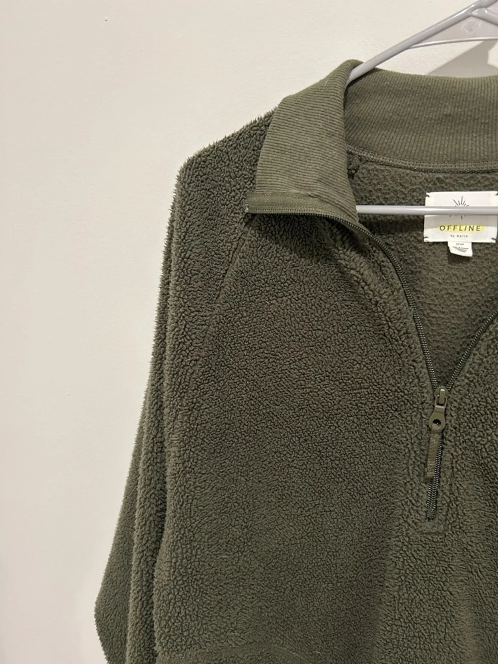 Aerie Cozy Olive Green Half-Zip Oversized Sherpa Pullover Sweater - Picture 3 of 5